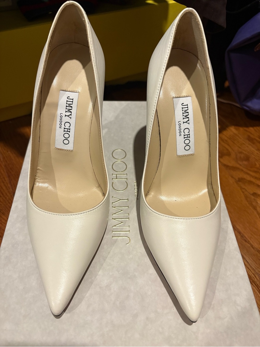 Jimmy Choo Cream Pointed-Toe Leather Pumps